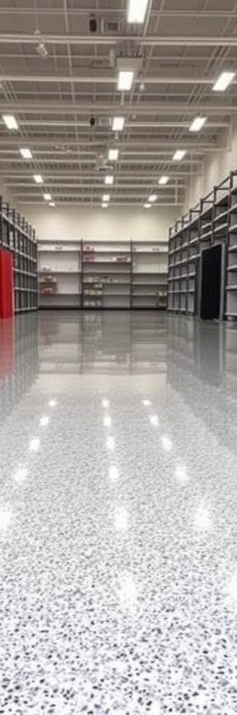 Finished commercial retail floor with quartz-broadcast epoxy coating